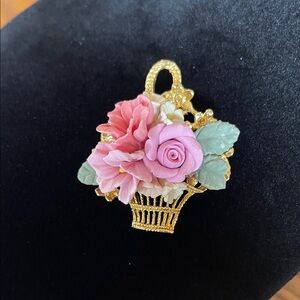 Floral Basket Brooch with Pink and Gold Accents